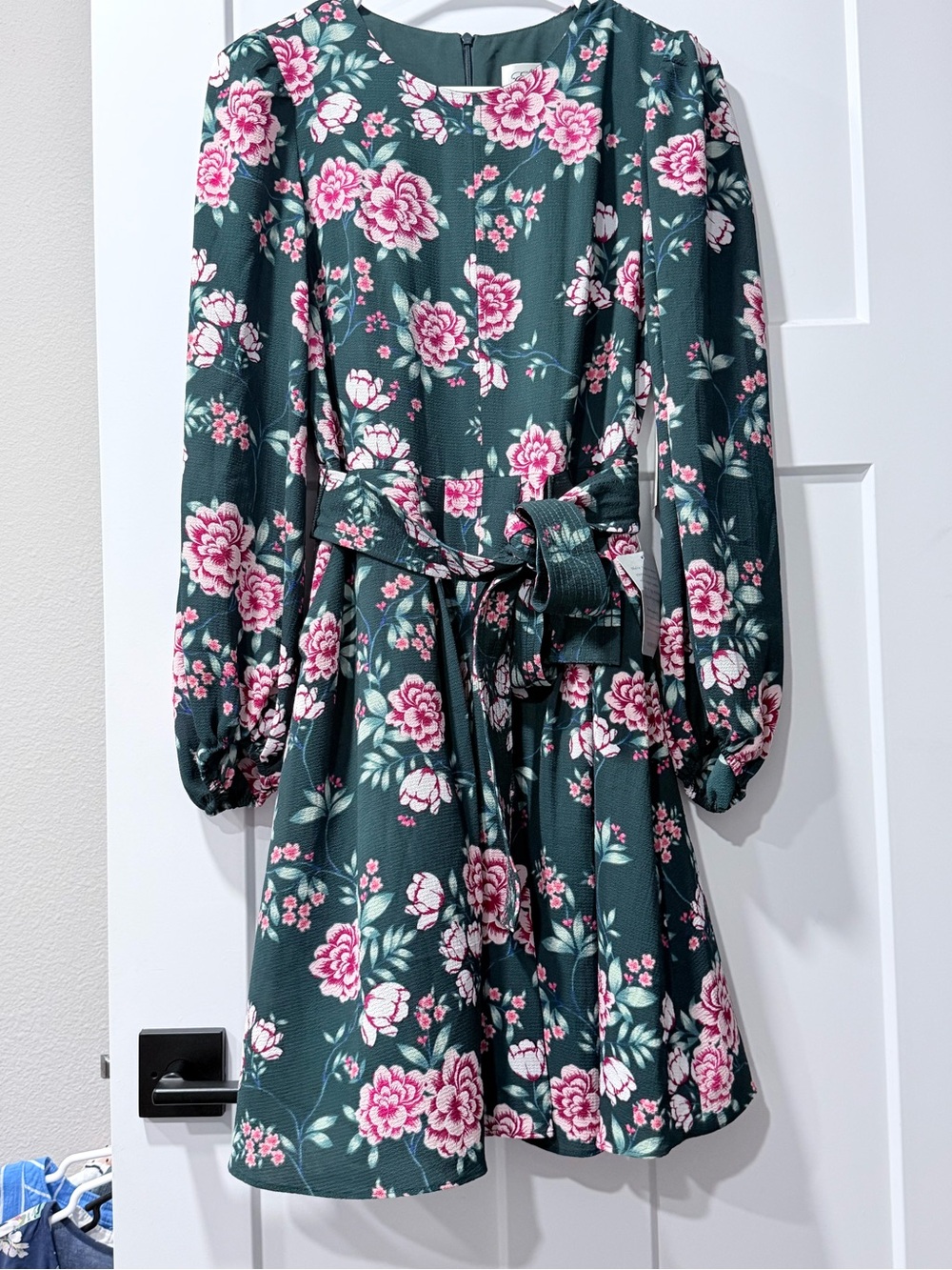 Eliza J Green Floral Long-Sleeve Belted Dress with pockets, size 4, NWT